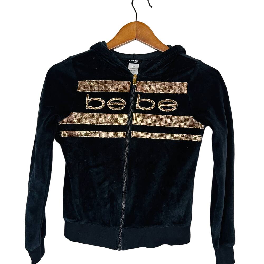 Bebe Girls Y2K Full Zip Velour Sweatshirt Top Hoodie Black Gold - L